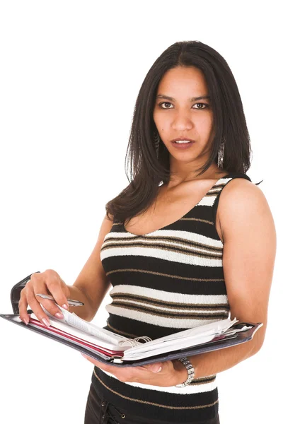 Afrika-indiska affärskvinna i casual kontor outfit med en daybook — Stockfoto