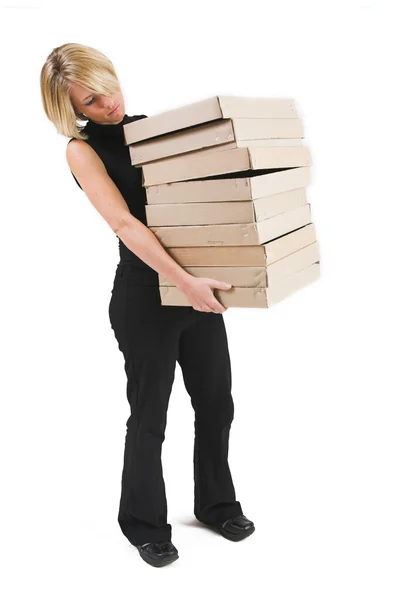 Mujer rubia de negocios llevando cajas — Foto de Stock