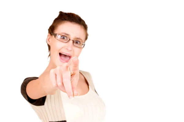 Business woman with glasses pointing finger — Stock Photo, Image