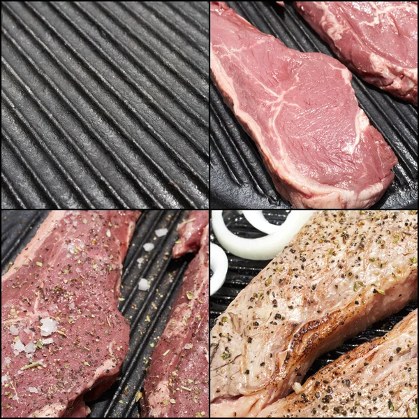 Eine Kombination der Schritte, um das perfekte Steak-Dinner zuzubereiten — Stockfoto