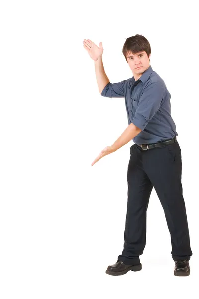 Businessman in blue shirt with hands up — Stock Photo, Image