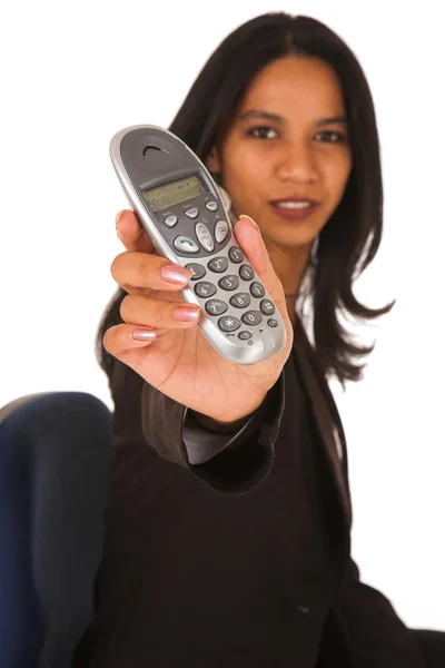Afrikanisch-indische Geschäftsfrau im lässigen Büro-Outfit mit Schnurlostelefon — Stockfoto
