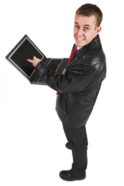 Бізнесмен у костюмі з портативним комп'ютером — стокове фото