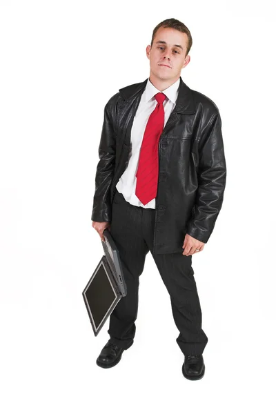 Business man in a suit with a notebook computer — Stock Photo, Image