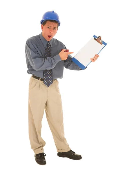 Man standing with coffee and clipboard. — Stock Photo, Image