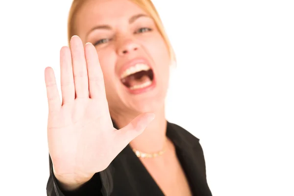 Blonde business lady showing stop sign — Stock Photo, Image