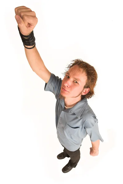 Homem com camisa azul com a mão no ar — Fotografia de Stock
