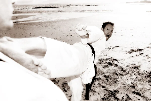 Giovani uomini adulti che praticano il karate sulla spiaggia — Foto Stock