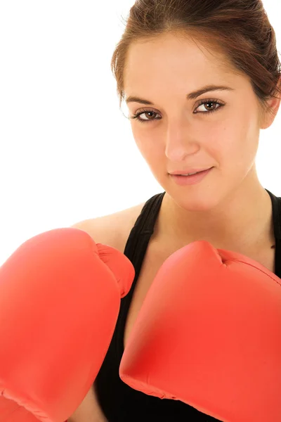 Bruna con guanti da boxe rossi — Foto Stock