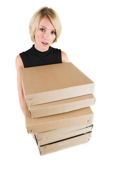 Mujer rubia de negocios llevando cajas — Foto de Stock