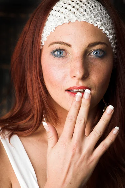 Young female adult fashion model with natural red hair — Stock Photo, Image