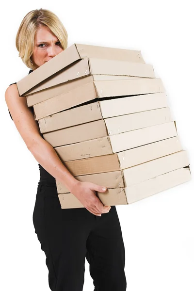 Mujer rubia de negocios llevando cajas — Foto de Stock