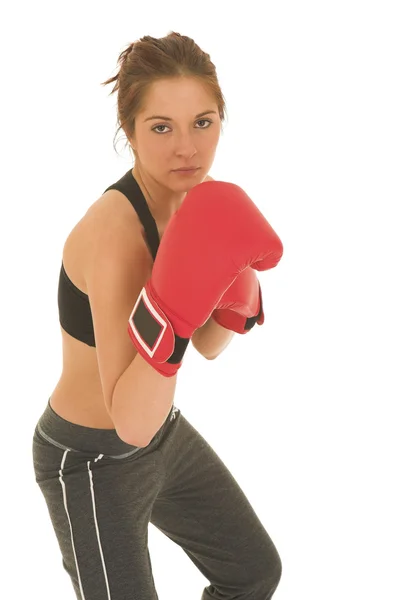 Bruneta s červeným Boxerské rukavice — Stock fotografie