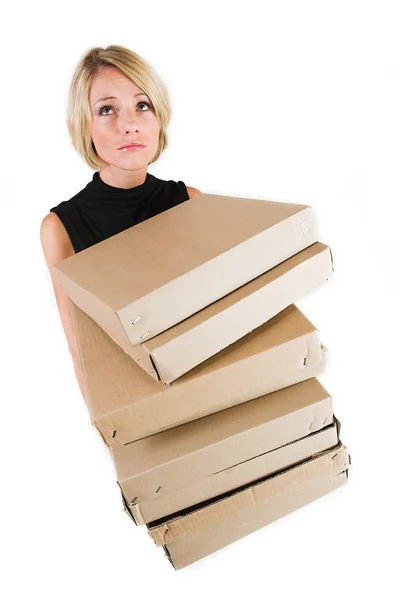 Mujer rubia de negocios llevando cajas — Foto de Stock