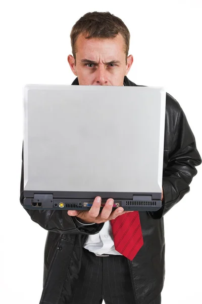 Business man in a suit with a notebook computer — Stock Photo, Image