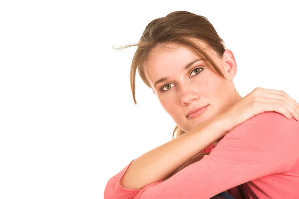 Brünette unternehmerin im rosa top — Stockfoto