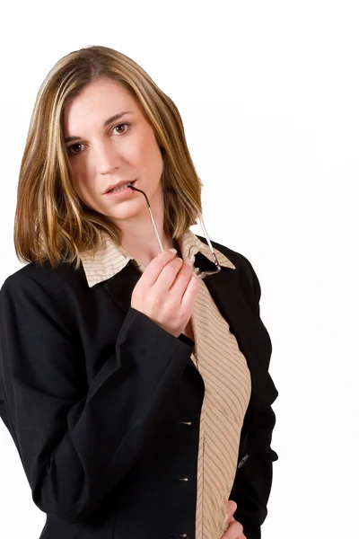 Business woman holding reading glasses — Stock Photo, Image