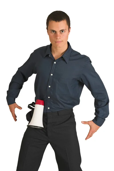 Businessman in a blue shirt, playing with a megaphone as if it is a gun. — Stock Photo, Image