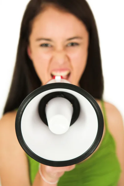 Mulher de negócios morena com megafone — Fotografia de Stock