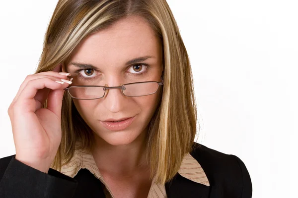 Business woman holding reading glasses — Stock Photo, Image