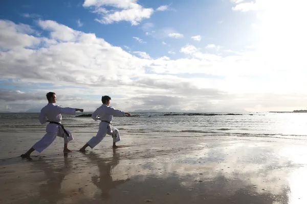 Young adult men with black belt practicing a Kata — Stock Photo, Image