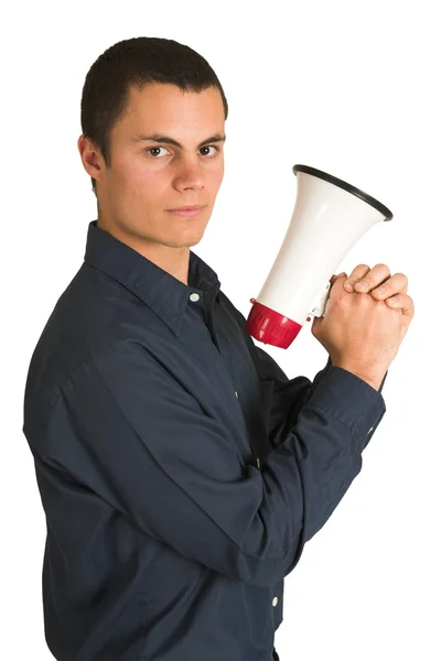 Businessman in a blue shirt, holding a megaphone — Stock Photo, Image