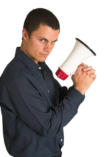 Businessman in a blue shirt, holding a megaphone — Stock Photo, Image