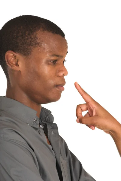 Finger pointing at a sweating businessman. — Stock Photo, Image