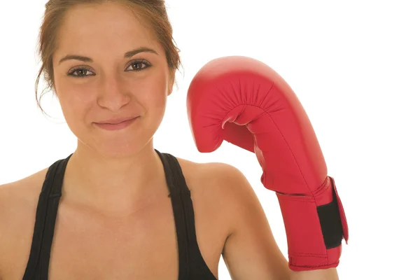 Sexy junge erwachsene Kaukasierin in Trainingskleidung mit Boxhandschuhen — Stockfoto