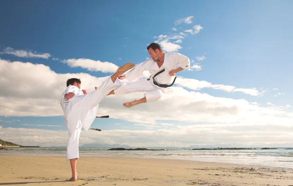 Hombres adultos jóvenes practicando Karate en la playa Imágenes de stock libres de derechos