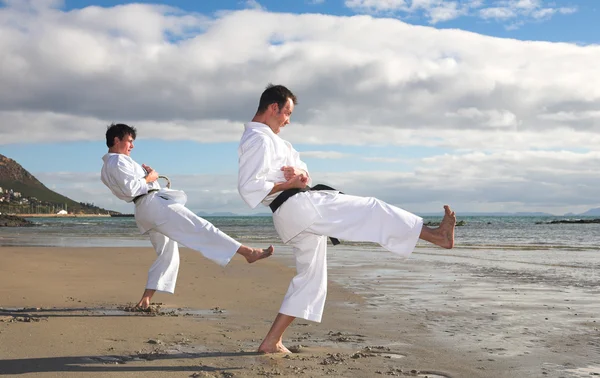 Hombres adultos jóvenes con cinturón negro practicando en la playa Imagen de archivo