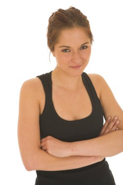 seksi genç yetişkin kadın üzerinde beyaz izole siyah spor kıyafeti