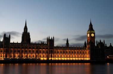 Big Ben and the house of parliament just after sunset on the river Thames clipart