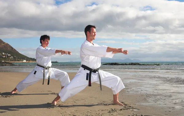 Young adult men with black belt practicing a Kata — Stock Photo, Image