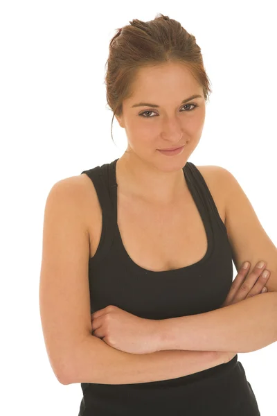 Sexy joven mujer adulta en traje de gimnasio negro aislado en blanco —  Fotos de Stock