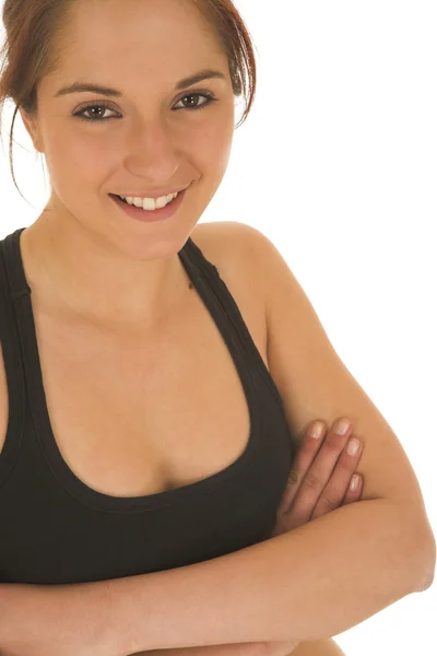 Sexy junge erwachsene Frau im schwarzen Fitnessstudio-Outfit isoliert auf weiß — Stockfoto