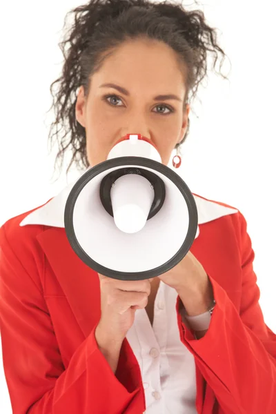 Young adult Caucasian businesswoman speaking through a megaphone — Stock Photo, Image