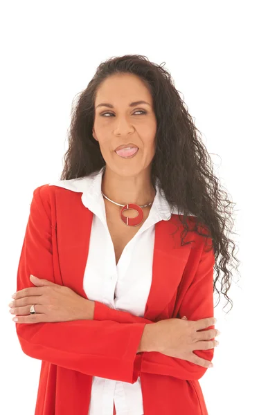 Portrait of a beautiful young Caucasian businesswoman in red suit — Stock Photo, Image