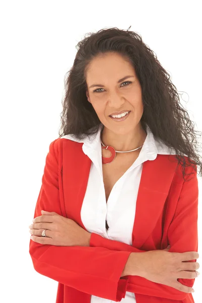 美しい若い白人の女性実業家に赤いスーツの肖像画 — ストック写真