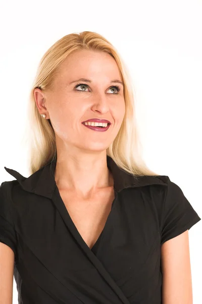 Blond business woman, dressed in a black clothes. Lauging, looking up. — Stock Photo, Image