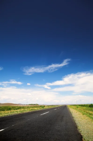 Lunga strada diritta sotto un drammatico cielo saturo di blu scuro con alcune belle nuvole bianche, e fiancheggiata da un po 'di verde e piccoli arbusti — Foto Stock