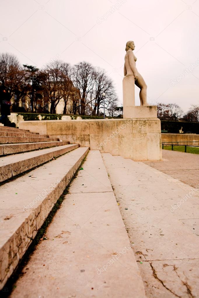 Stairs and statue in Paris, France. Copy space