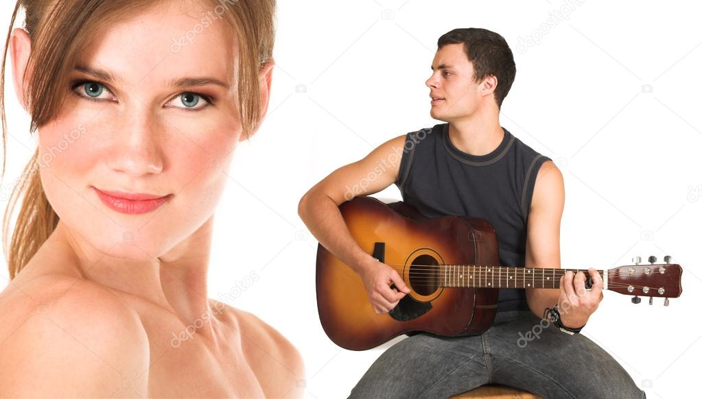 Nude woman with a man playing romantic songs in the background Stock