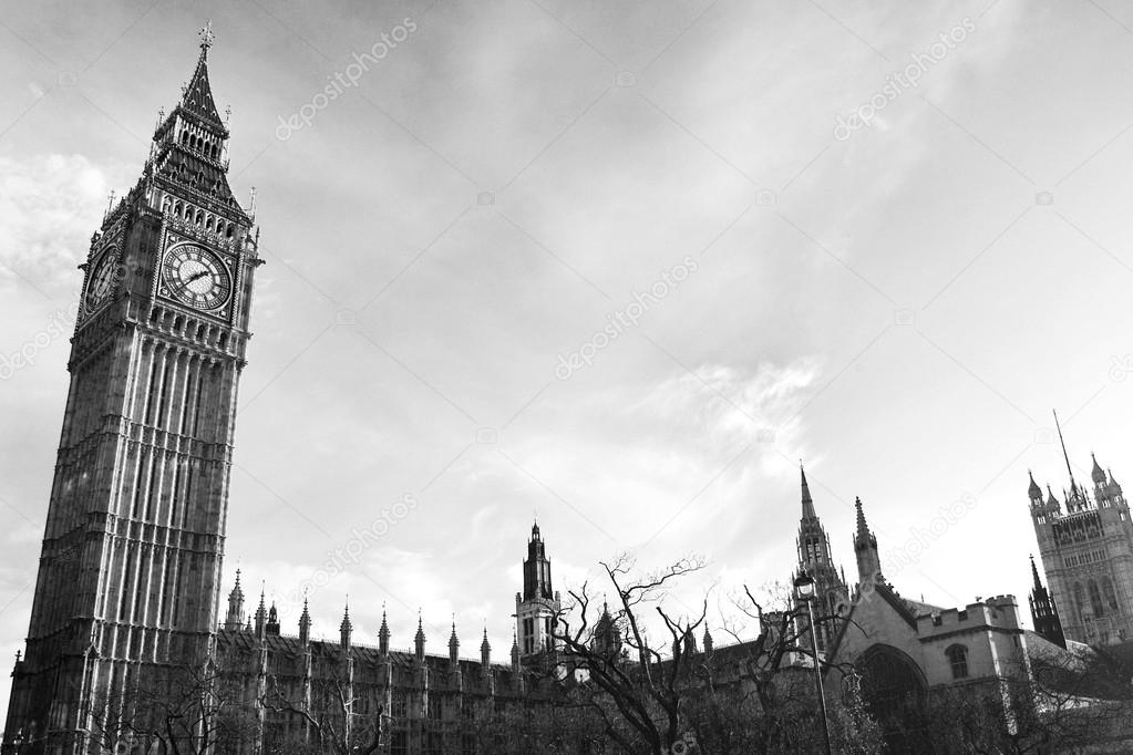 Tower and clock in London. Wide Angle, black and white.