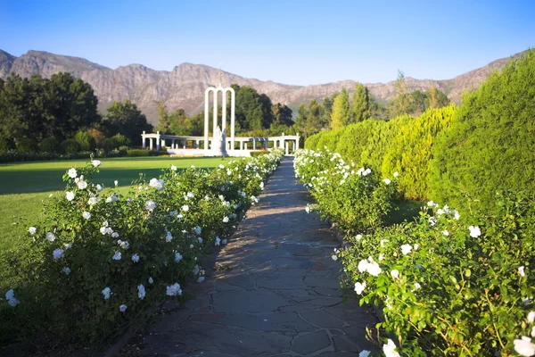 Pathway with white flowers leading to the Huguenot Monument in summer with green grass and blooming gardens in Franschhoek, Western Cape, South Africa. — Stock Photo, Image