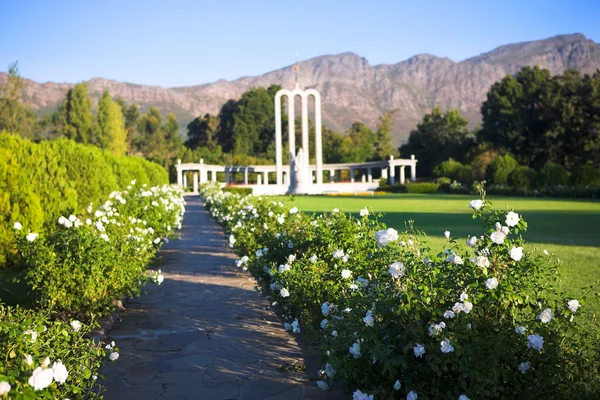 Pathway with white flowers leading to the Huguenot Monument in summer with green grass and blooming gardens in Franschhoek, Western Cape, South Africa — Stock Photo, Image