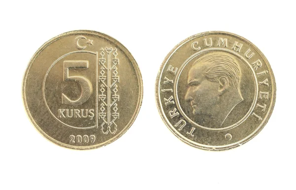 Vista frontal y trasera de una moneda turca de 5 Kurus sobre un fondo blanco —  Fotos de Stock