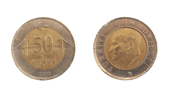 Vista frontal y trasera de una moneda turca de 50 Kurus sobre un fondo blanco —  Fotos de Stock