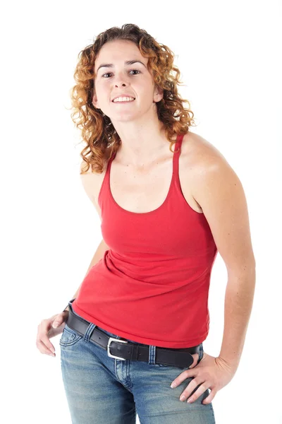 Bonito jovem adulto caucasiano mulher vestindo um vermelho superior — Fotografia de Stock