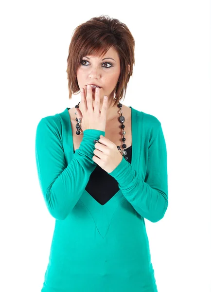 Cute young adult caucasian woman wearing a Turquoise dress — Stock Photo, Image